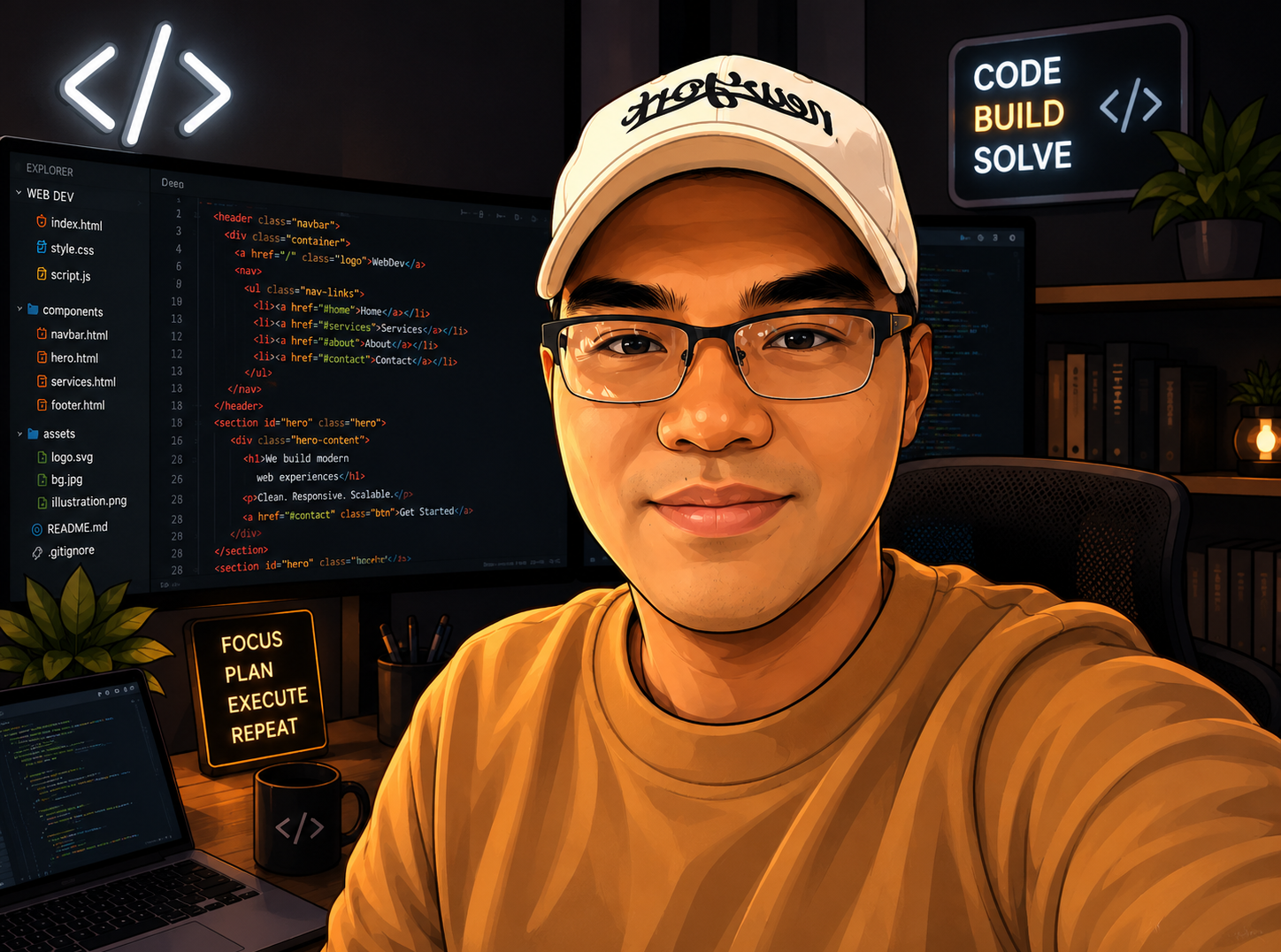 ByteBard Shad at his desk — code on monitors, CODE BUILD SOLVE sign